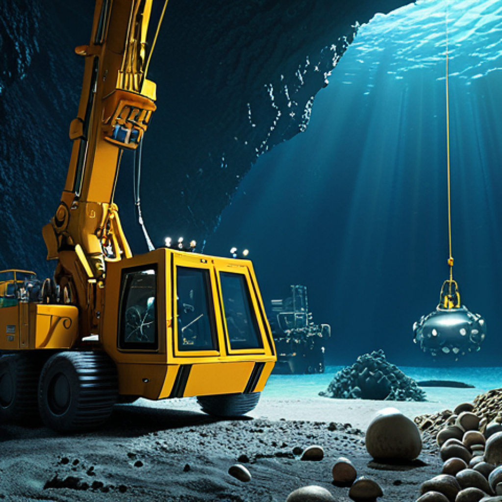 **

A stylized depiction of deep-sea mining equipment extracting polymetallic nodules from the ocean floor. Focus on the contrast between the dark, mysterious environment of the deep sea and the bright, futuristic technology. In the background, hint at the diverse and fragile marine life that inhabits this environment. Emphasize the tension between resource extraction and environmental preservation.

**
