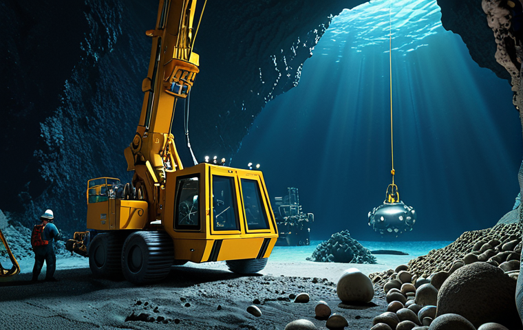 **
A stylized depiction of deep-sea mining equipment extracting polymetallic nodules from the ocean floor. Focus on the contrast between the dark, mysterious environment of the deep sea and the bright, futuristic technology. In the background, hint at the diverse and fragile marine life that inhabits this environment. Emphasize the tension between resource extraction and environmental preservation.
**