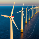 A sweeping aerial view of a state-of-the-art offshore wind farm, featuring numerous towering, sleek white wind turbines anchored in the deep blue, calm sea. The scene is bathed in the warm, golden light of a sunrise, casting long shadows and highlighting the impressive scale of renewable energy infrastructure. The sky is clear, suggesting a promising future for sustainable power. Professional photography, high detail, sharp focus, cinematic lighting, vibrant colors, realistic rendering, safe for work, appropriate content, fully clothed, professional, family-friendly, perfect anatomy, correct proportions, natural pose.