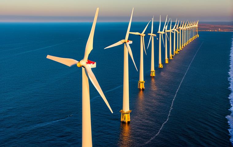 A sweeping aerial view of a state-of-the-art offshore wind farm, featuring numerous towering, sleek white wind turbines anchored in the deep blue, calm sea. The scene is bathed in the warm, golden light of a sunrise, casting long shadows and highlighting the impressive scale of renewable energy infrastructure. The sky is clear, suggesting a promising future for sustainable power. Professional photography, high detail, sharp focus, cinematic lighting, vibrant colors, realistic rendering, safe for work, appropriate content, fully clothed, professional, family-friendly, perfect anatomy, correct proportions, natural pose.