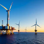 **

"A vast offshore wind farm at sunset, featuring massive wind turbines with sleek, modern designs.  The turbines are placed on floating platforms in the deep blue sea.  Clear sky with vibrant colors.  Fully clothed engineers are visible on a platform, inspecting the equipment.  Focus on technological advancement and clean energy. Safe for work, appropriate content, professional, perfect anatomy, natural proportions, high quality."

**
