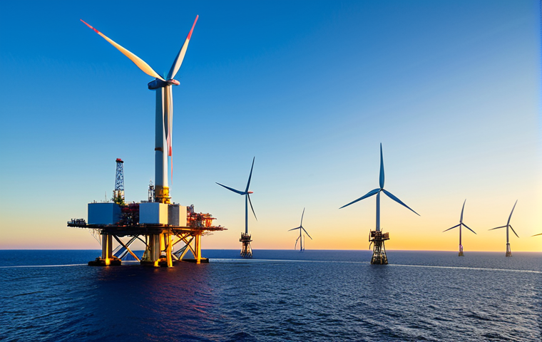 **

"A vast offshore wind farm at sunset, featuring massive wind turbines with sleek, modern designs.  The turbines are placed on floating platforms in the deep blue sea.  Clear sky with vibrant colors.  Fully clothed engineers are visible on a platform, inspecting the equipment.  Focus on technological advancement and clean energy. Safe for work, appropriate content, professional, perfect anatomy, natural proportions, high quality."

**