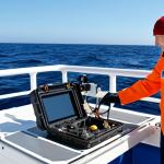 **

A professional marine biologist, fully clothed in appropriate research attire (waterproof jacket, sturdy pants), examining a deep-sea remotely operated vehicle (ROV) on the deck of a research vessel. The scene is set during daylight, with a clear blue sky and calm sea in the background. Focus on the details of the ROV and the scientist's focused expression. Perfect anatomy, correct proportions, natural pose, well-formed hands, proper finger count, natural body proportions. Safe for work, appropriate content, professional, fully clothed, family-friendly.

**