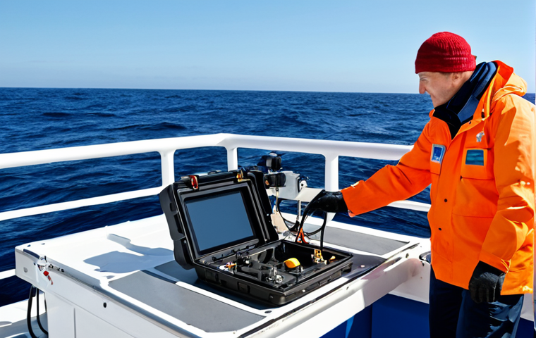 **

A professional marine biologist, fully clothed in appropriate research attire (waterproof jacket, sturdy pants), examining a deep-sea remotely operated vehicle (ROV) on the deck of a research vessel. The scene is set during daylight, with a clear blue sky and calm sea in the background. Focus on the details of the ROV and the scientist's focused expression. Perfect anatomy, correct proportions, natural pose, well-formed hands, proper finger count, natural body proportions. Safe for work, appropriate content, professional, fully clothed, family-friendly.

**